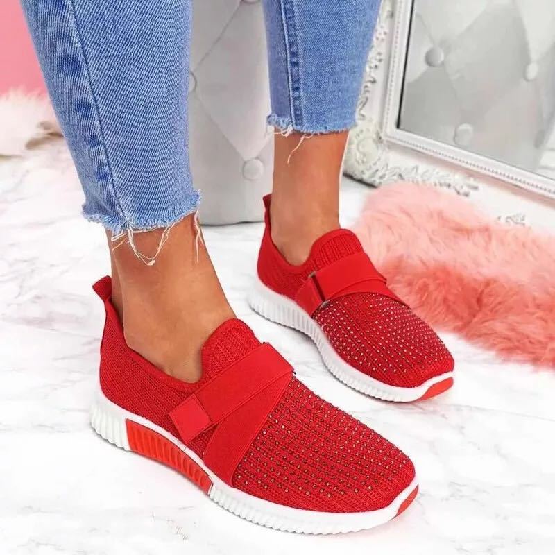 Rhinestone Flat-Soled Sports Shoes Women'S Hollow Breathable Casual Single Shoes Large Size Flying Woven Shoes