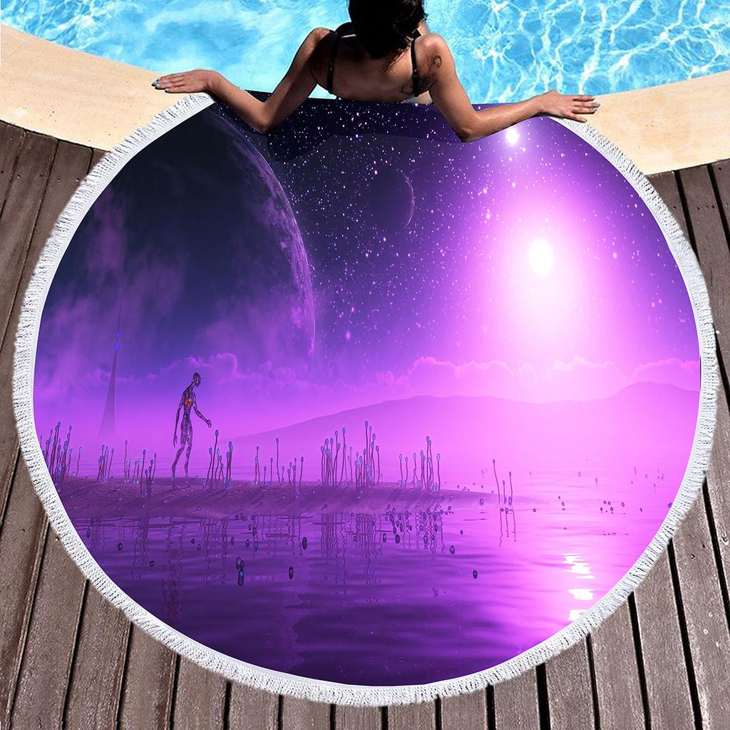 Purple Dreamy Scenery Print Round Beach Towel,Polyester Sand Resistant Beach Blanket,Absorbent Quick Dry Pool Towel Picnic Mat