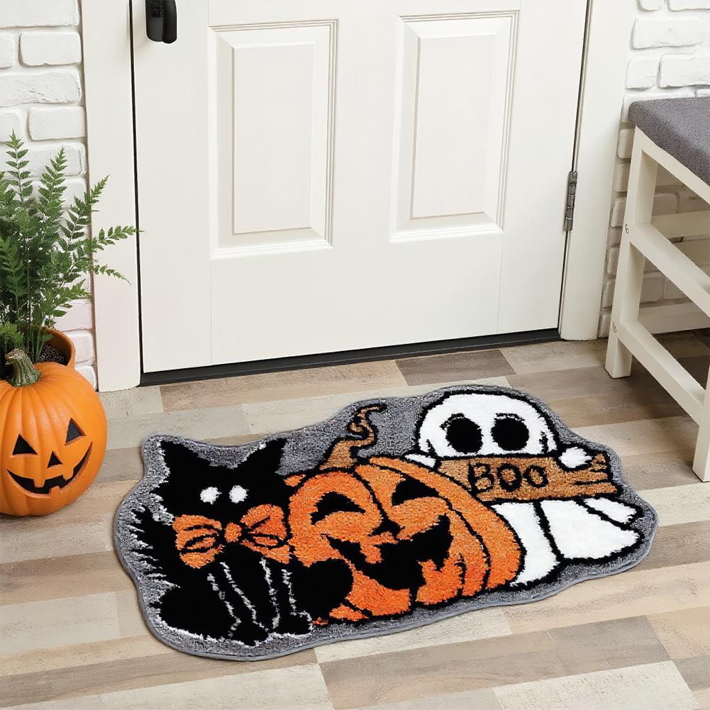 Halloween Ghost Pumpkin Door Mat Soft Bath Mat Plush Floor Rug Hypoallergenic Non-slip for Entrance Bedroom Kitchen Bathroom Use