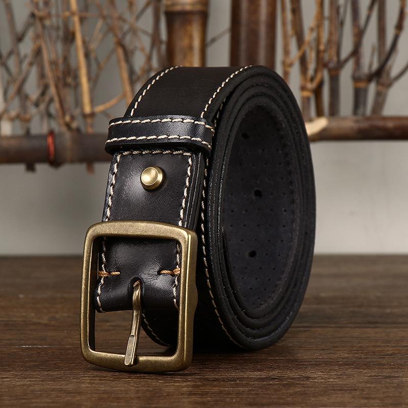 Belt Men's Retro Casual Cool Trendy All-Matching Hollow First Layer Cowhide Pin Buckle Genuine Leather Jeans Belt Men's