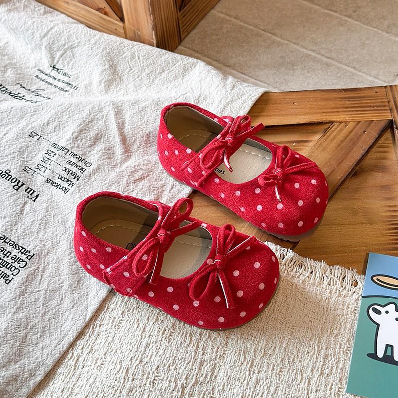 Girls Flat Shoes With Polka Dots Bow Detail Soft Sole Slip-On Toddlers Kids