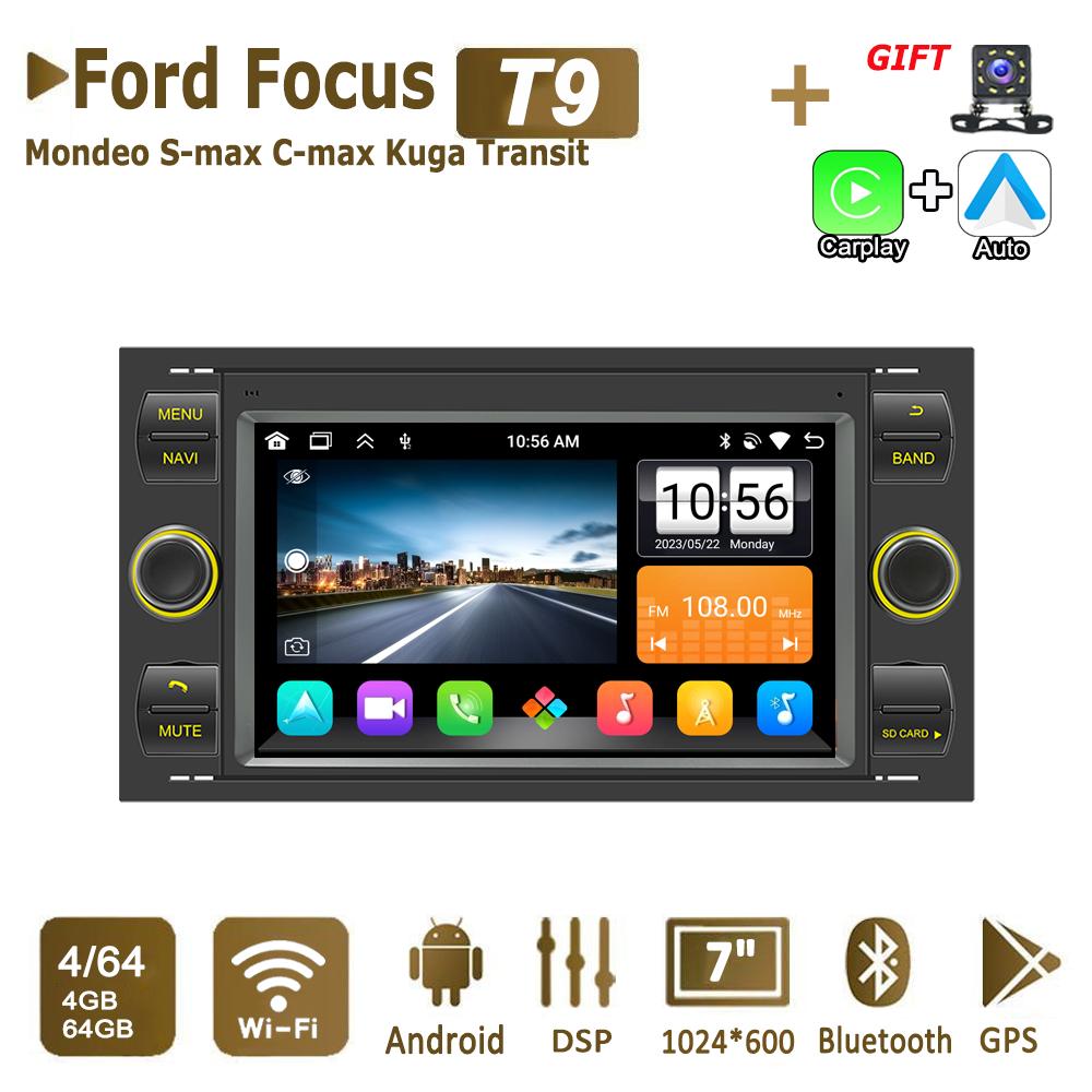 

Автомобильный радиоприемник Android Multimedia Player для Ford Focus 2007 Mondeo S-max C MAX Kuga Galaxy Fiesta Transit Fusion 2 Din Carplay GPS Autoradio WiFi 4+64 ГБ 4+64GB чёрный