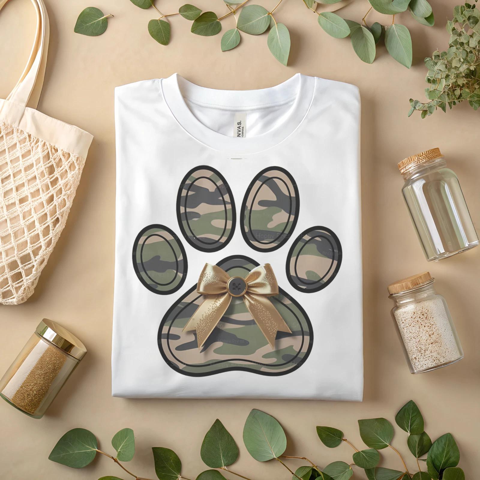 Camo Paw Print T-Shirt with Gold Bow – Cute Dog Lover Camouflage Tee A509 2XL