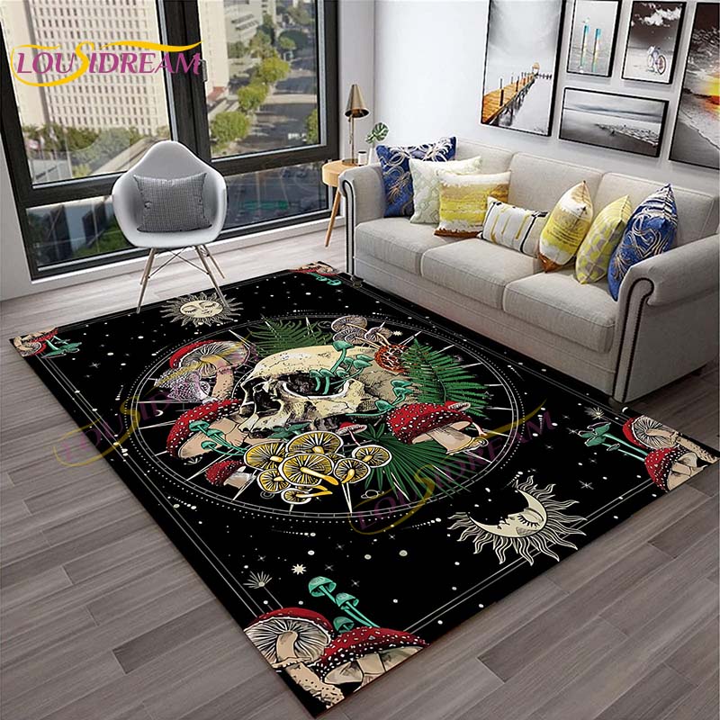 3D Starry Botanical Sun Moonlit Mushroom Rug Floral Hippie Moon Phase Carpet for Aesthetic Bedroom Living Room Vintage Game Mat