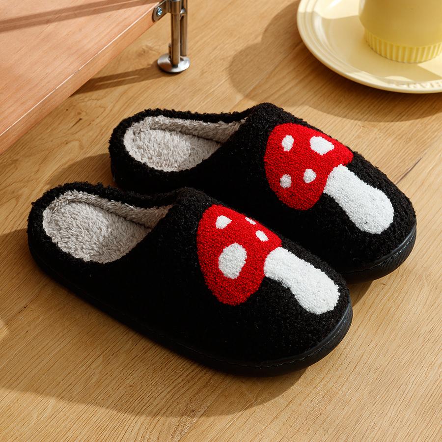Women Slippers Cute Embroidered Mushroom Home Warm Anti Slip Comfortable Indoor Bedroom Soft Flat Cotton Houseshoes Ladies