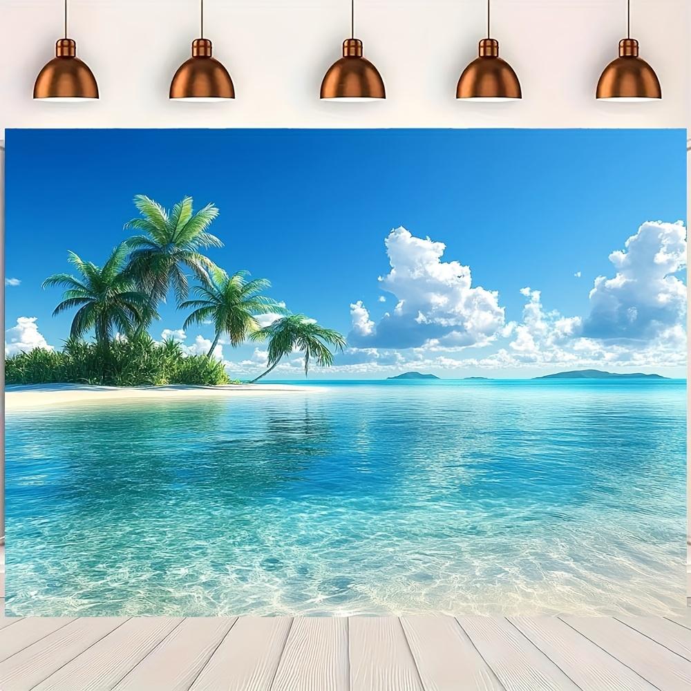 2D Flat Tropical Beach Palm Trees Ocean View Tapestry Summer Vacation Vibes Wall Art Relaxation Meditation Yoga Room Decor