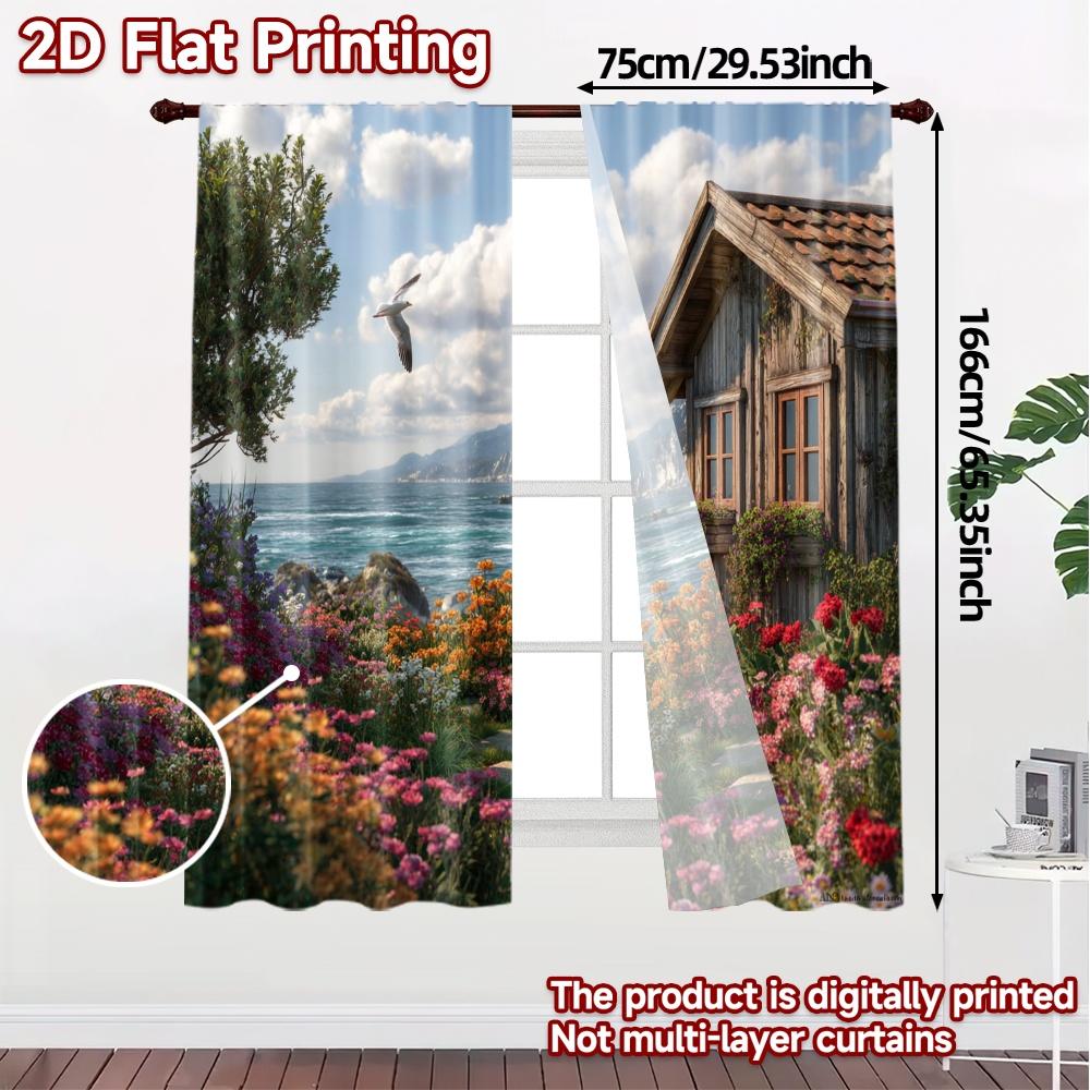 2pcs, 2D FLAT PRINTING Curtains (Without Rod) Seaside Cottage Popular Curtain Polyester Curtains Decorations Outdoor Suitable