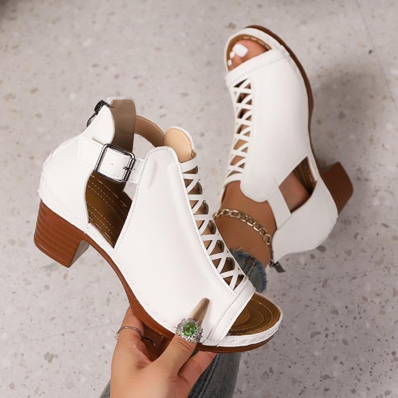Large-Size Summer New Chunky High-Heel Roman Peep-Toe Hollow-Out Buckle Sandals