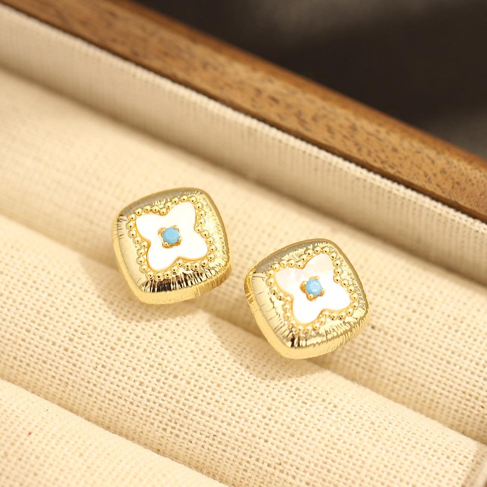 French retro gold and silver two-color geometric earrings temperament natural fritillary stone 925 silver needle leaf stud earrings
