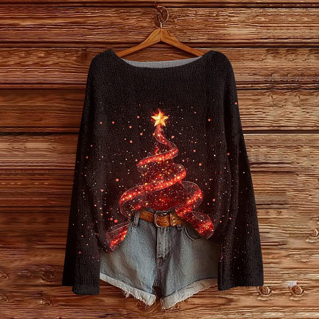 Ladies' Fashionable Casual Long Sleeved Christmas Printed Round Neck Knitted Yarn