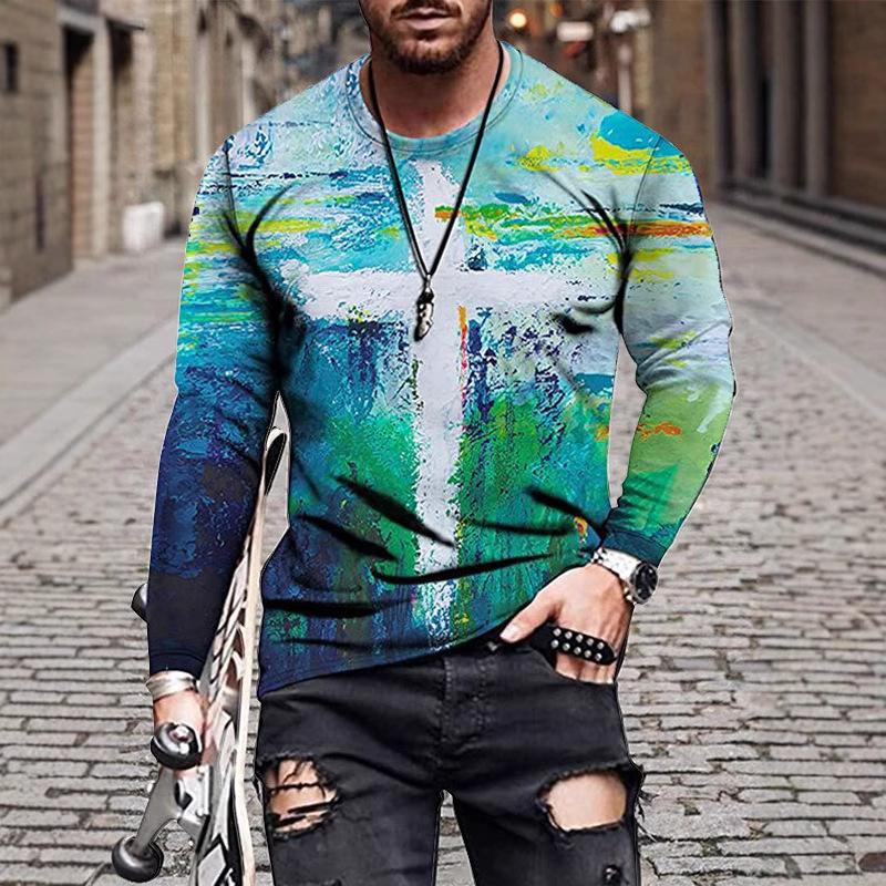 

Весенне-осенний топ с круглым вырезом и 3D-принтом креста, модная повседневная красочная мужская футболка с длинным рукавом 5XL