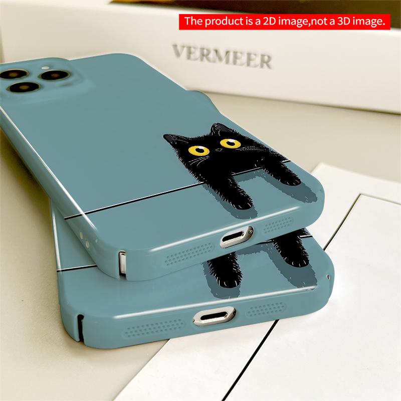 2DFlat Black Cat with Yellow Eyes on Teal Background All inclusive film hard iPhone case, compatible with iPhone 18 Pro Max 17 16 15 14 13 12 11