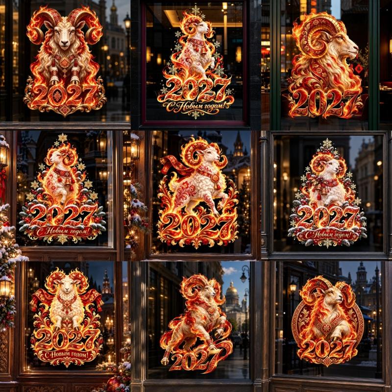 Christmas Sheep Zodiac Wall Stickers Detachable Festival Glass Window Decorations Art Wallpaper For Living Room Home Decor