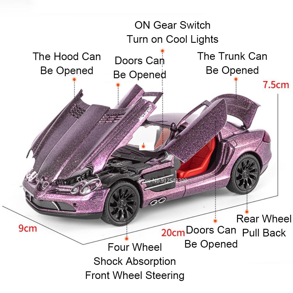 1:24 SLR GTR F1 Sports Car Model Toy Alloy Diecast Shock Absorption Supercar Sound Light Doors Opened Models Kids Christmas Toys