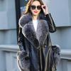 New Women Middle Long With Cotton Velvet Big Collar Leather Windbreaker