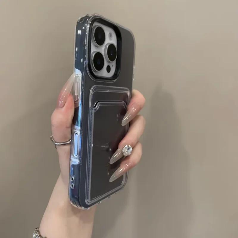 2 IN 1 Card Slot Holder Phone Case for iPhone 17 Air 16 15 14 13 12 Pro Max 11 Candy Color Clear Photo Clip Wallet Bag Cover