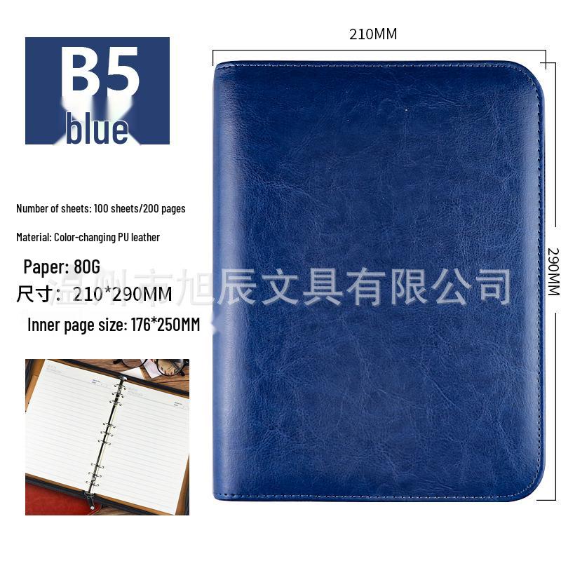 A5 Multi-Functional Leather Zipper Notebook with Large Capacity and Loose-Leaf Pocket Inserts, B5 Size