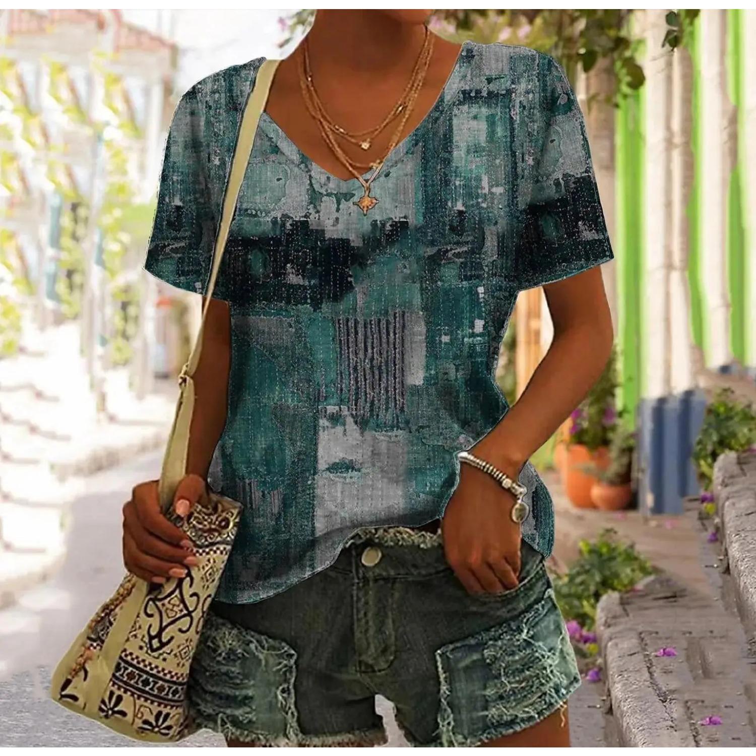 

Summer V-neck 3D Printed Top Fashionable Casual Harajuku Retro Style Short Sleeved Women s T-shirts S