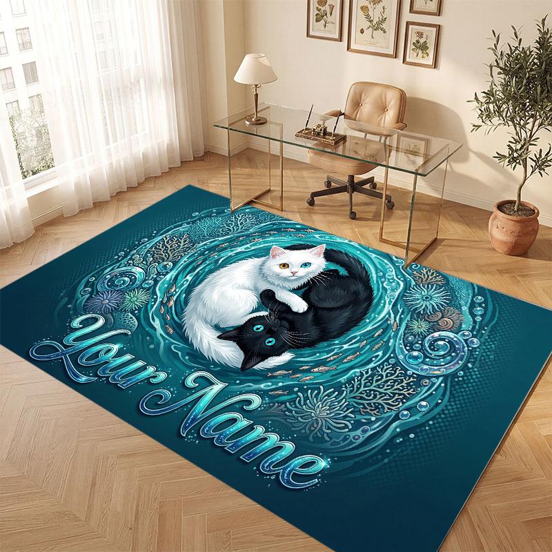 Cat Theme Crystal Velvet Floor Rug Personalized Custom Name Text Warm Carpet Home Decoration