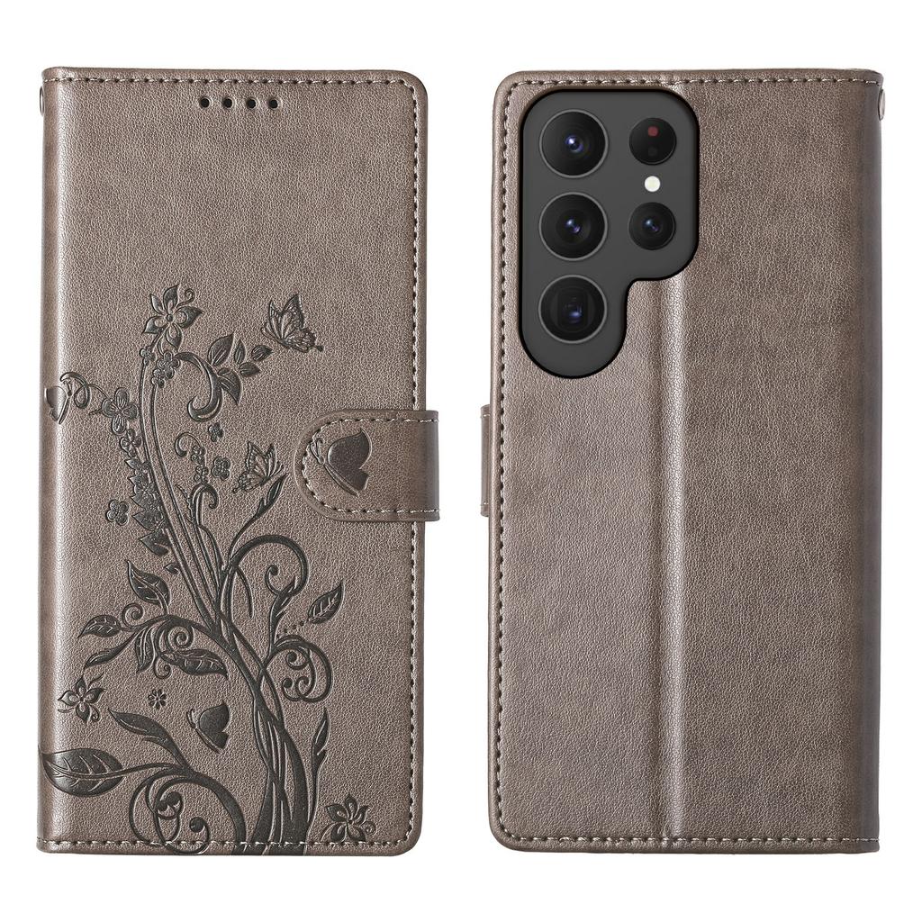 For Samsung Galaxy S25 Ultra Wallet Case Butterfly Floral Imprint PU Leather Phone Cover with Wrist Strap