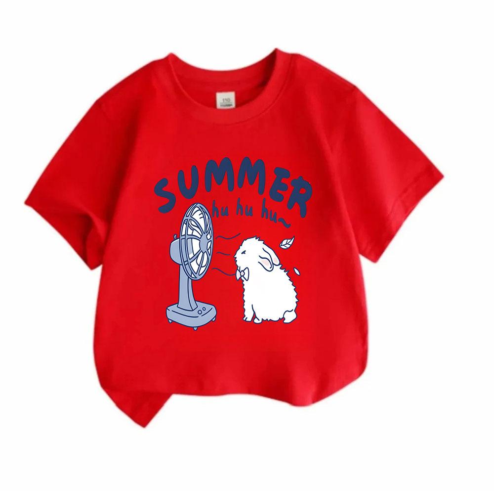 Cute Kids Boys Girls 100% Cotton Short Sleeve O-Neck T-shirt, Summer Fluffy Rabbit Blowing Electric Fan Casual Soft Breathable Tee for Children Daily