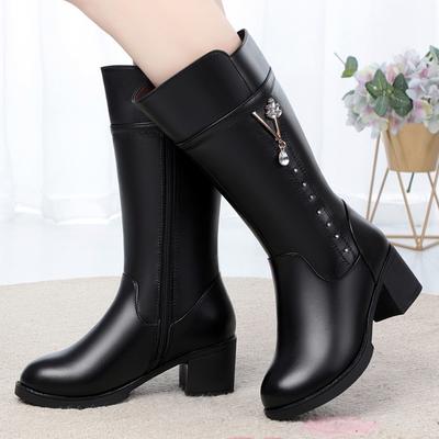 Lederstiefel Damen neue Winter Samt Baumwollschuhe dicker Absatz Wolle Schneestiefel warm hoch Damenstiefel