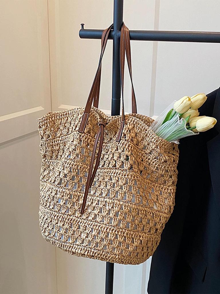 Large Capacity Straw Woven Shoulder Tote - Ideal for Seaside Vacations and Commutes