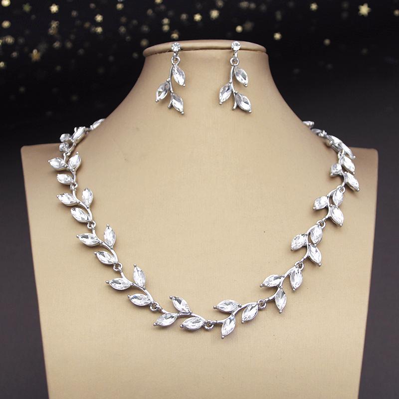 

Комплекты ювелирных изделий Crystal Bride для женщин, роскошные листья, колье, серьги, свадебное платье, свадебные комплекты ожерелий, мода серебро белый