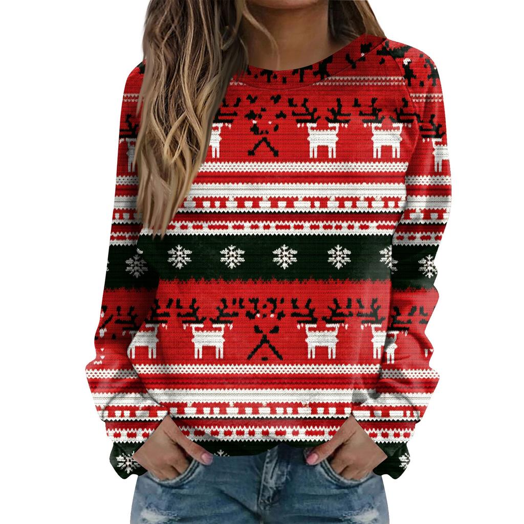 Women's Fashion Casual Long Sleeve Christmas Printed Neck Sweatshirt Top