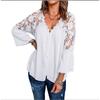 Lace Shirt Women's Shirts Vintage Solid Color V Sexy Splicing Buckle Horn Sleeve Blouses Top Women