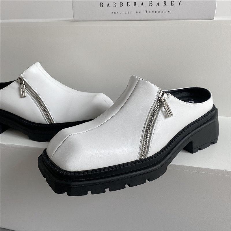 2025 Summer New Shoes Mens Leather Mules Female Casual Muller Shoes Square Toe Slides Travel Handmade Ladies Footwear