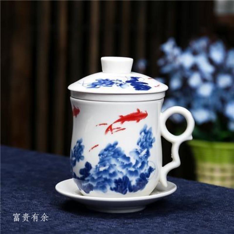 4-teiliges Teetassen-Set Persönliche Teetasse Keramik mit innerem Filter und Deckel Wasserbecher Blau-Weißes Porzellan Büro Konferenzbecher