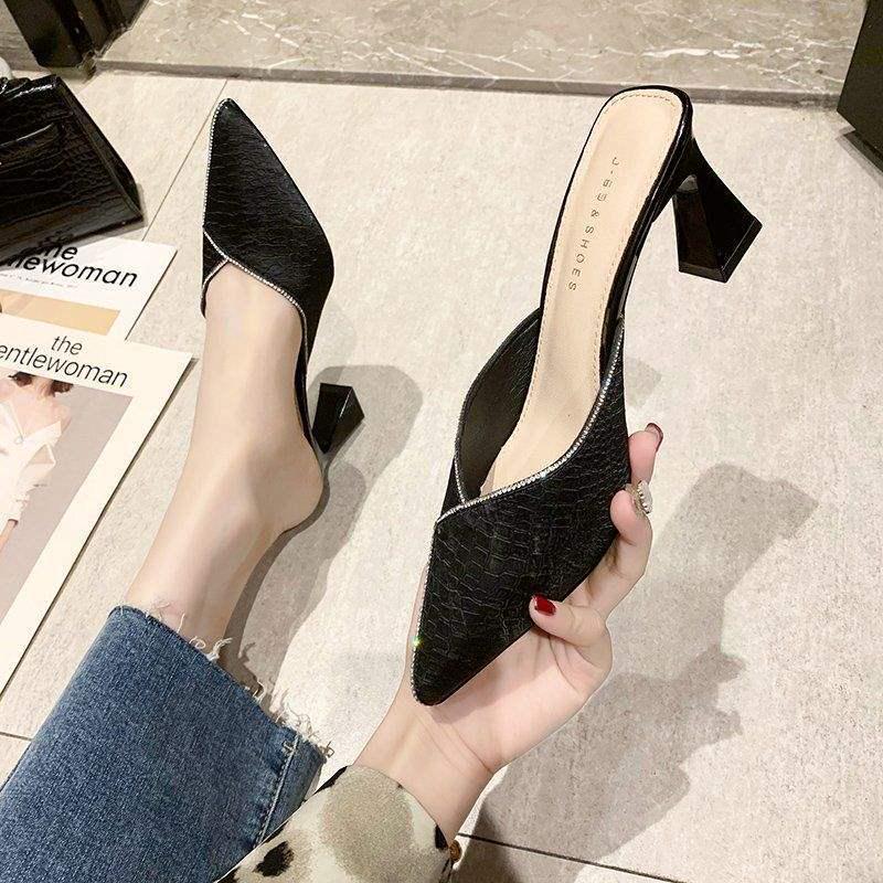 Spring 2025 Women's Chunky Heeled Pointed-Toe Mules - Cool, Stylish Fairy Style