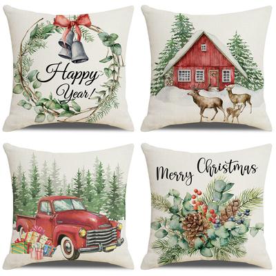 Modern Simple Christmas Linen Cushion Cover Retro Style Christmas Elements Printed Cushion Cover Holiday Decoration