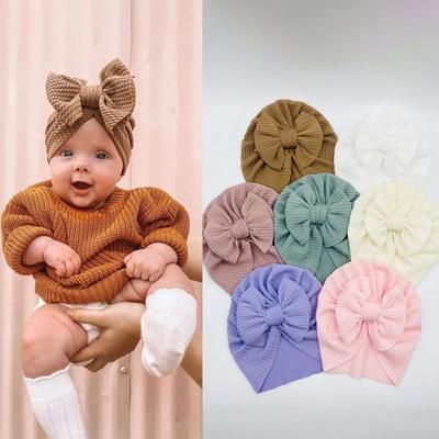 Berretto annodato tinta unita per bambine, grande fiocco, turbante, berretti per neonati, spessi, caldi, cappellini da esterno, cappelli invernali per ragazzi