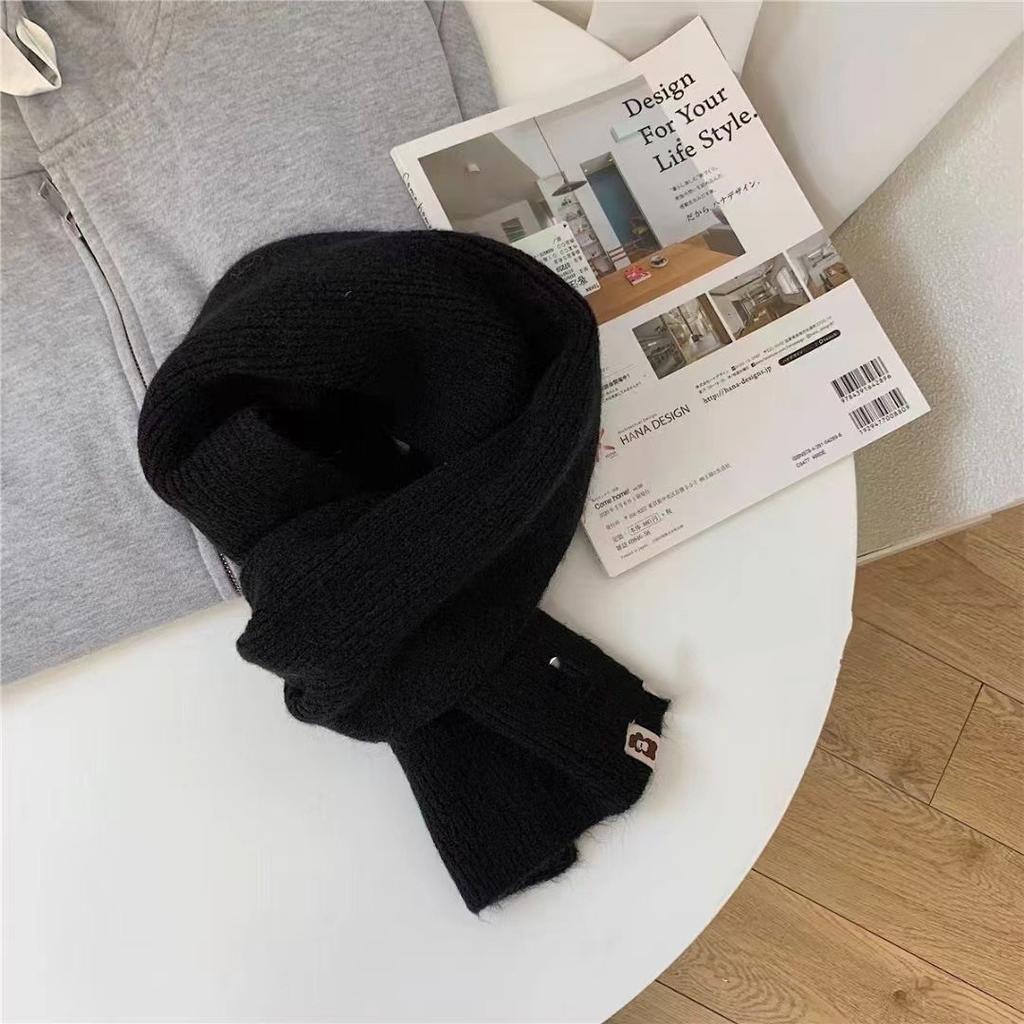 Korean Version Solid Color Versatile Bear Logo Scarf for Women Autumn and Winter Warm Knitted Cute Couple Student Scarf