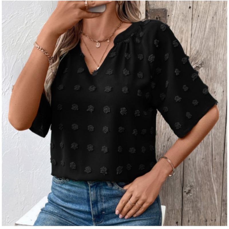 Women's Comfortable Loose Jacquard Blouses & Shirts V-neck Short Sleeved Top for Women