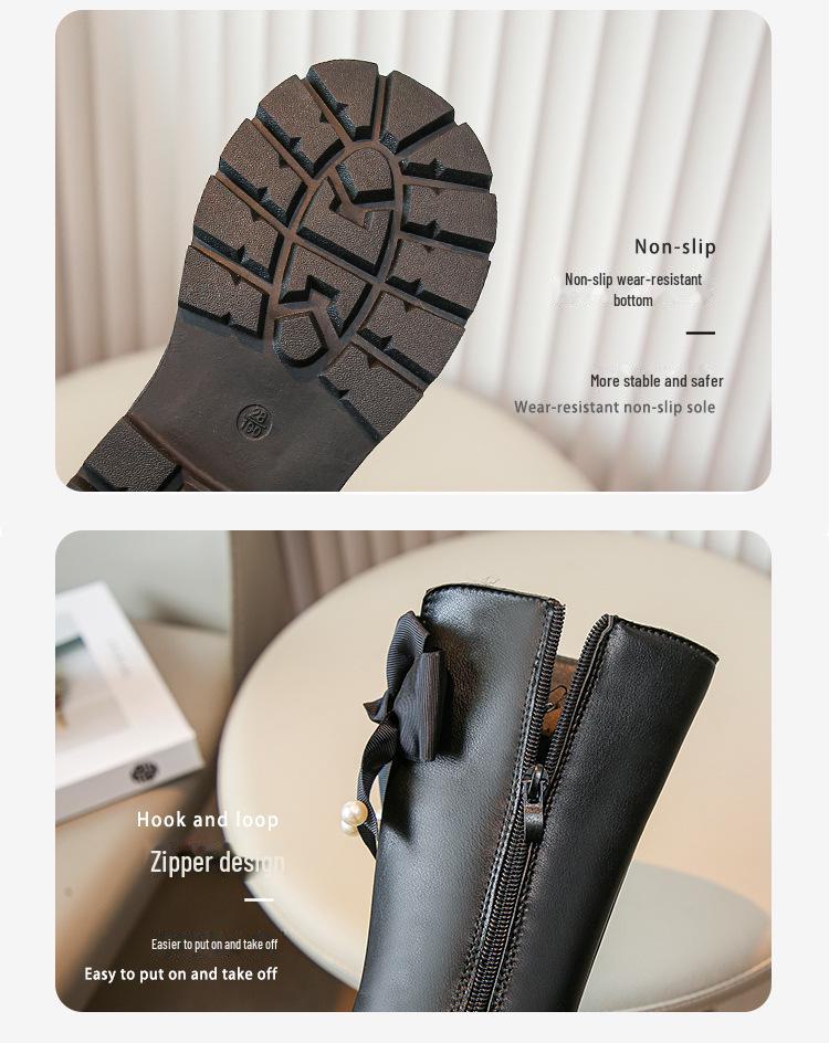 2024 Autumn/Winter New Style Girls Black Fashion Long Boots - Little Girl Bow Korean Version High Leather Boots