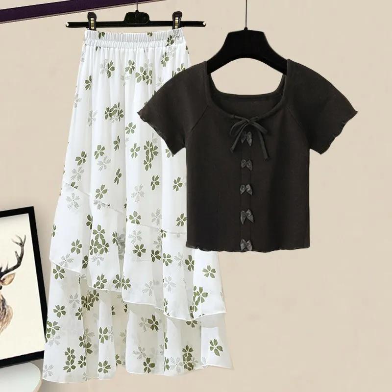 Women's Summer Fresh Ageing Set Waisted Floral Top + Half-body Skirt Two-piece Set