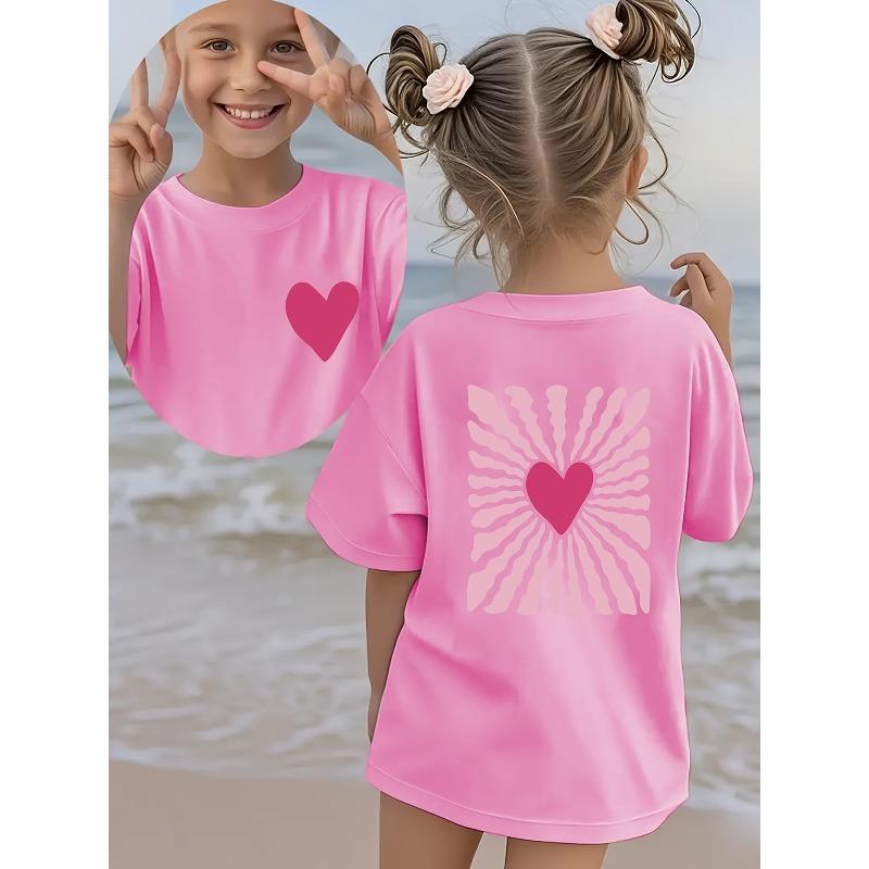 European sizes Summer Fashion Girls' Short-Sleeve T-Shirt with Heart Cartoon Pattern Double-Sided Print, Casual and Versatile Top