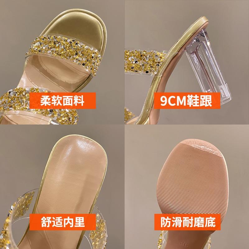 Summer new high heels crystal thick heel outer wear women's sandals women's rhinestone transparent cool slippers large size