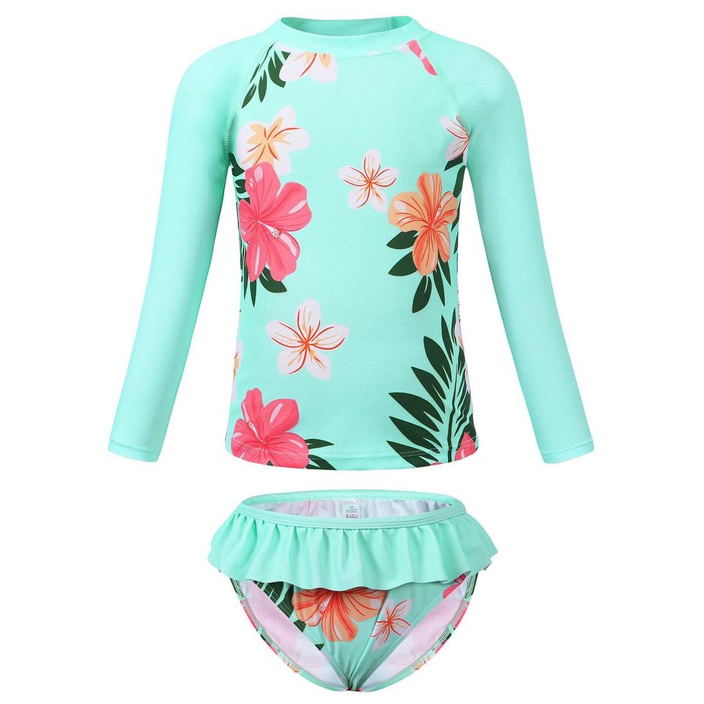 Tropical Plant Print Girls' Long-Sleeved Swimsuit Set with Ruffle Bottoms - Quick-Dry & Sun Protection