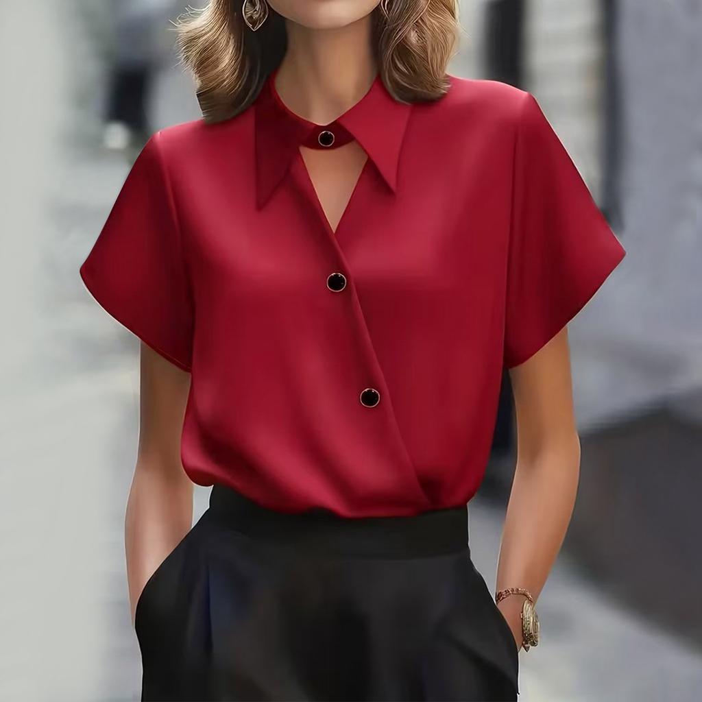 Women Satin Short Sleeve Shirt Notched Collar Hollow Out Asymmetric Placket Office Blouse for Daily