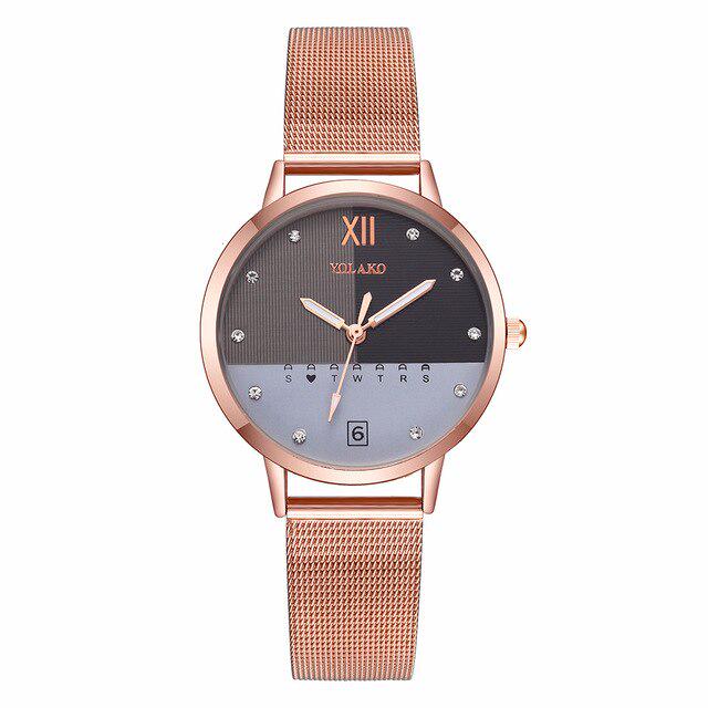 Mode Frauen Rose Gold Edelstahl Mesh Gürtel Doppel Farbe Uhr Luxus Damen Quarzuhr