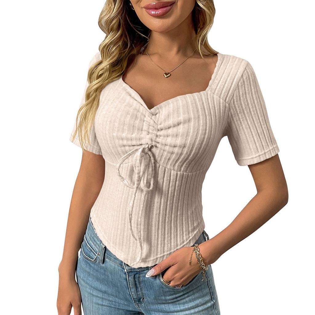 Dámská móda Jednobarevný V výstřih Skládaný Stahovací Šňůrka Sexy Top s Krátkým Rukávem