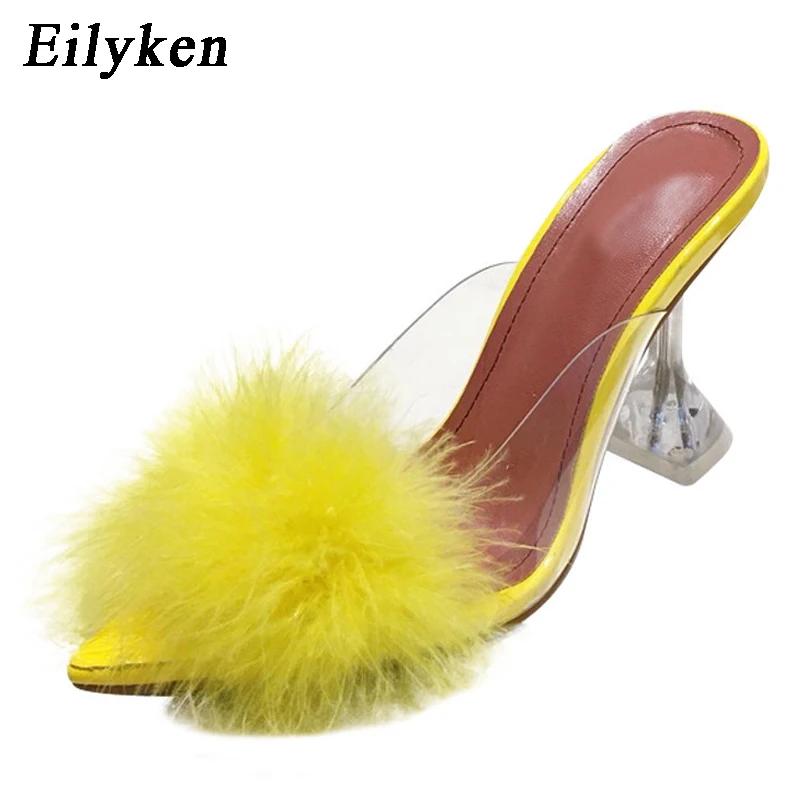 Eilyken 2025 New PVC Transparent Feather High Heels Fur Slippers Woman Peep Toe Mules Lady Pumps Slides White Shoes