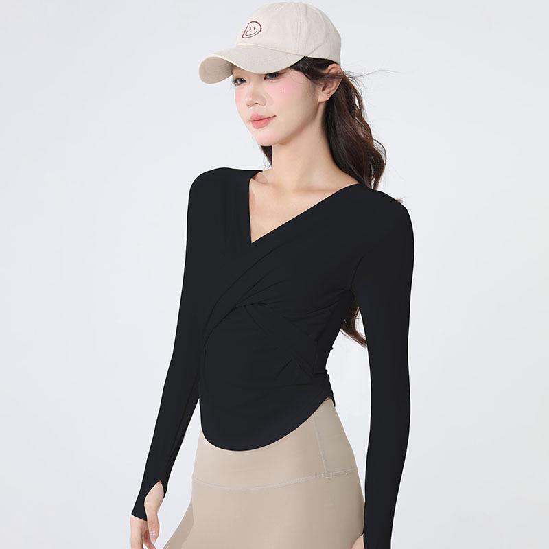 

Женский утягивающий топ для йоги с V-образным вырезом и длинными рукавами - Быстросохнущая, дышащая фитнес-рубашка на осень/зиму M чёрный