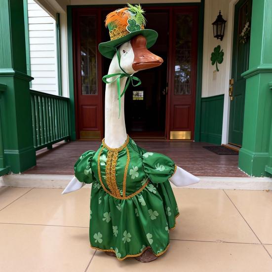 St. Patrick's Day Goose Outfit Irish Shamrock Porch Goose Clothes Fits 23" Cement Plastic Goose Statue for Outdoor Patio Lawn Yard Garden Decoration