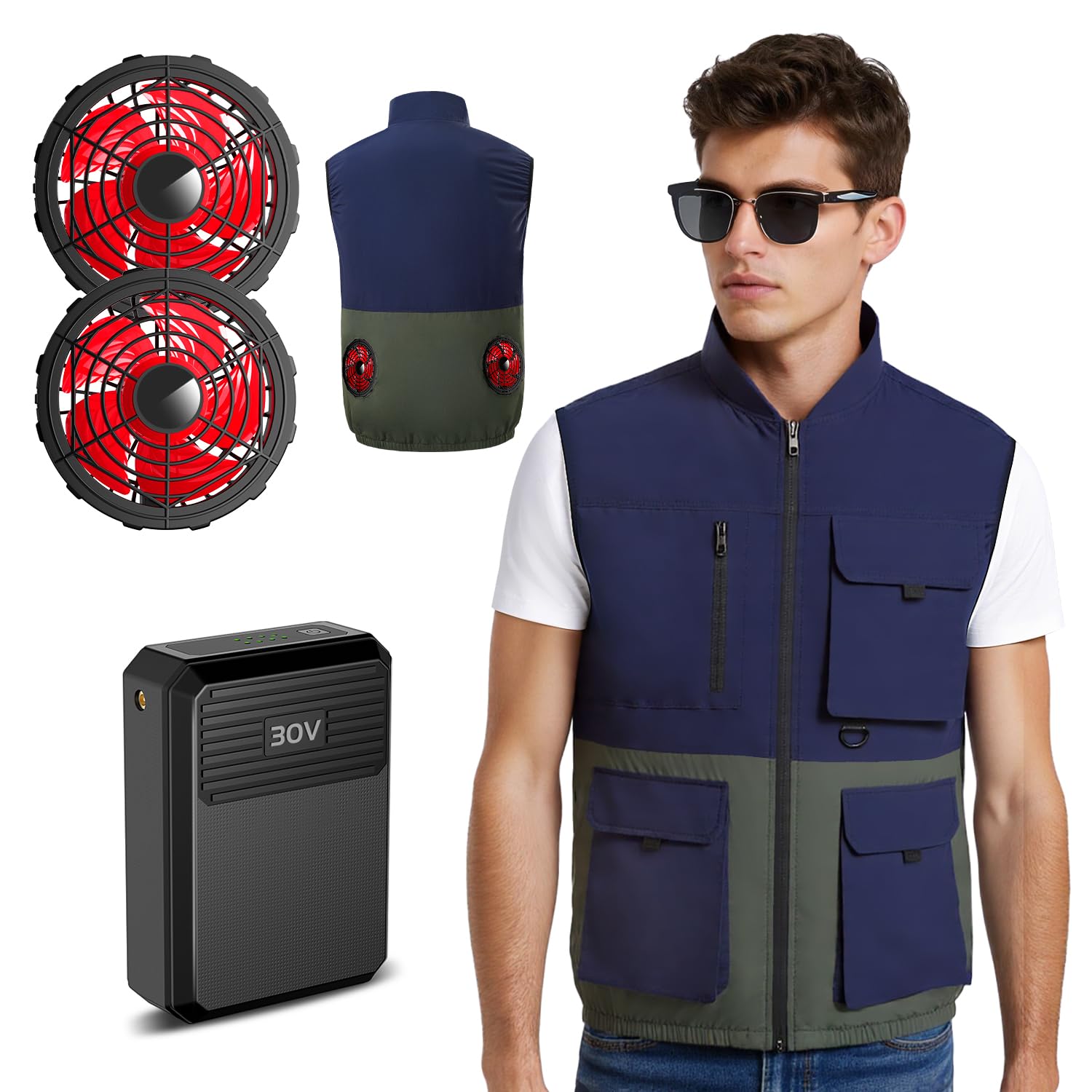 

KLIFE Fan Fan Set Super Strong Large 30V Ultra High Airflow Brushless Cooling Heatstroke Unisex Vest, Air-Conditioned Workwear, [2025 Wind, 40,000mAh синій