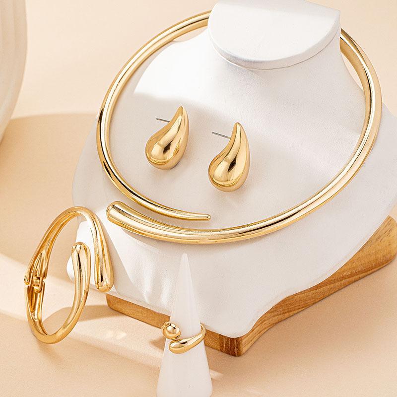 European and American Trend Water Drop Design Collar Bracelet Stud Earrings Ring Set Retro Simple and Elegant Jewelry